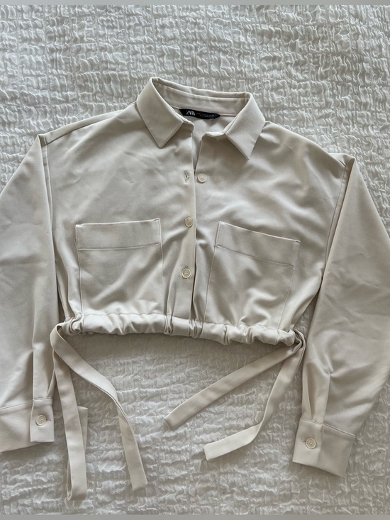 Zara Tops - Zara Cropped Drawstring Button-Up Shirt - Light Beige Size XS